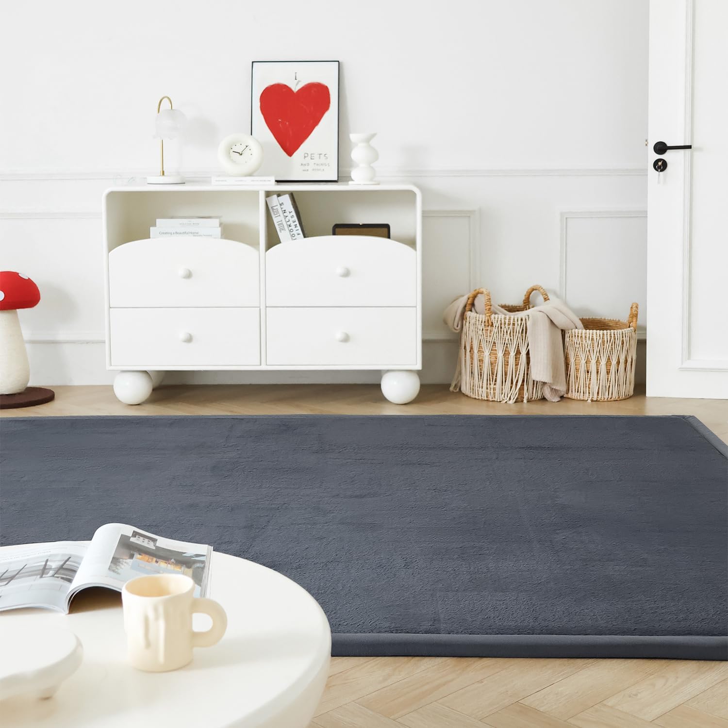 Loartee Faux Rabbit Fur Rug - 1.18" Thick Soft Fluffy Area Rug, Non-Slip Memory Foam Crawling Mat, Dark Gray, 71"x78"