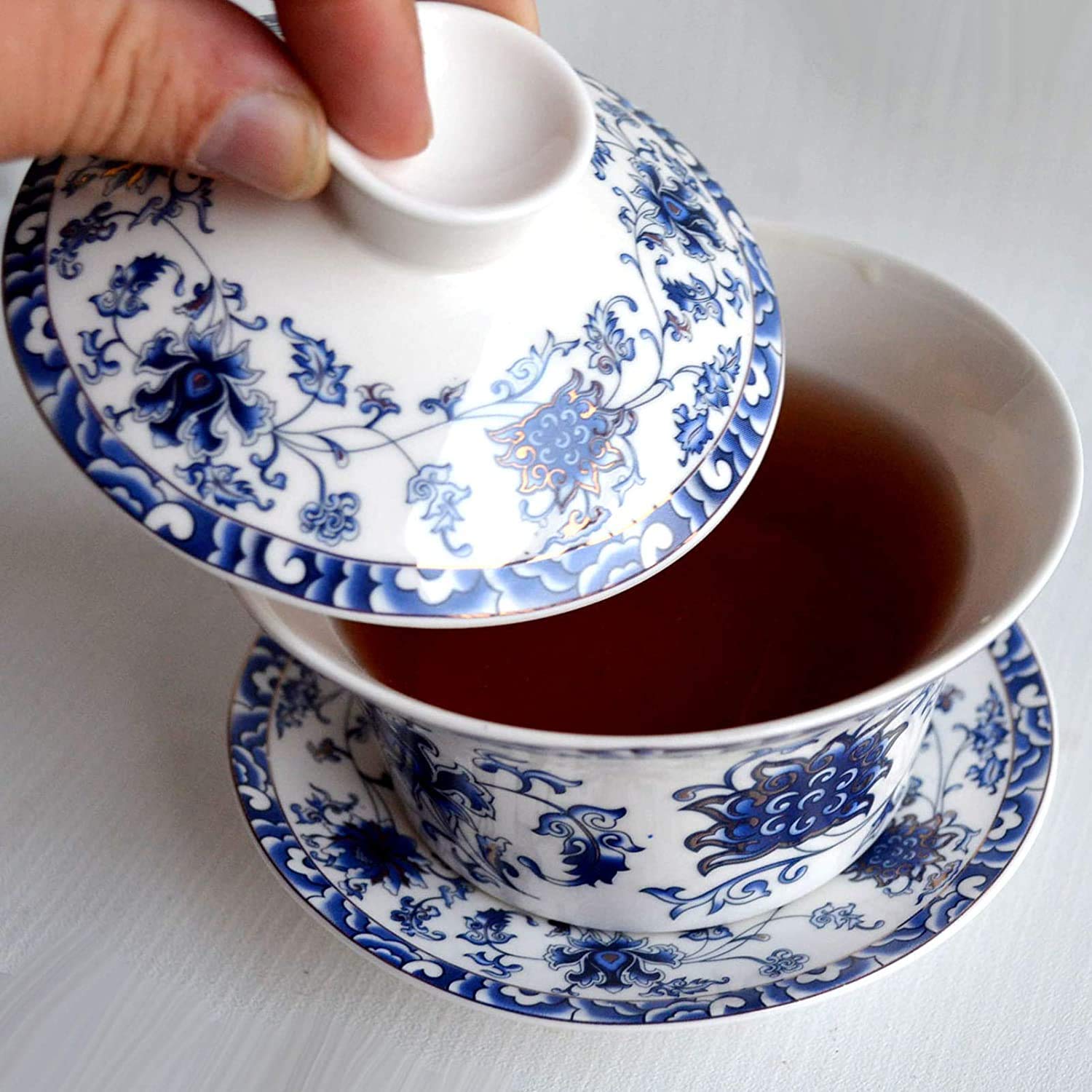 10 uncji duży, porcelanowy kubek do herbaty Kung Fu i spodek z pokrywką, chińskie tradycyjne, miska na herbatę (1#)