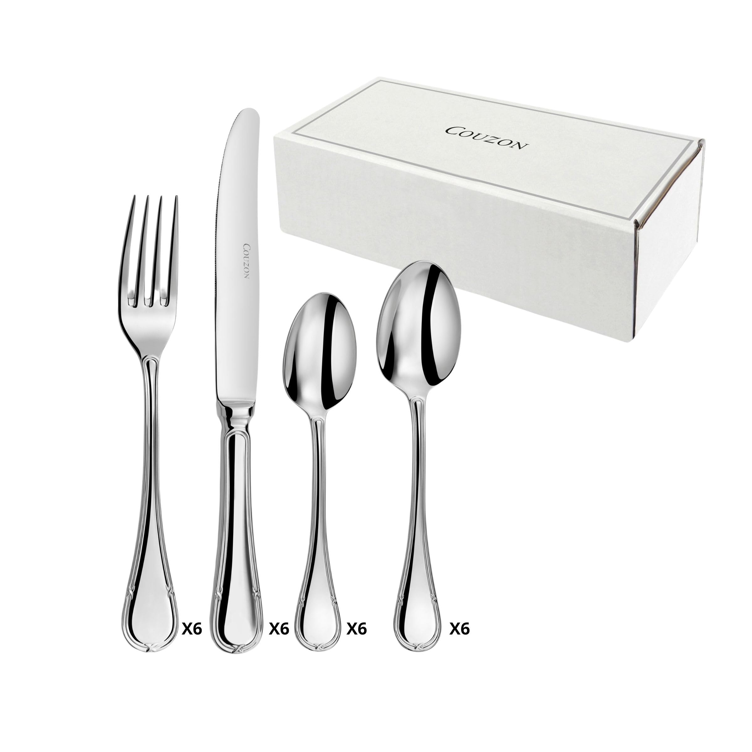 Couzon - Cubertería de 24 cubiertos de mesa para 6 personas, acero inoxidable 18/10, acabado espejo, grosor 3,5 mm, acero inoxidable