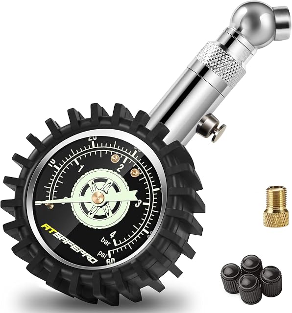 Tyre Pressure Gauge UK,ATsafepro Tyre Pressure Checker 4 bar 60 psi Certified ANSI B40.1 Accurate with Large 2" Glow Dial, Professional Mechanical Air Pressure Gauge for Motorcycles,Cars,Trucks