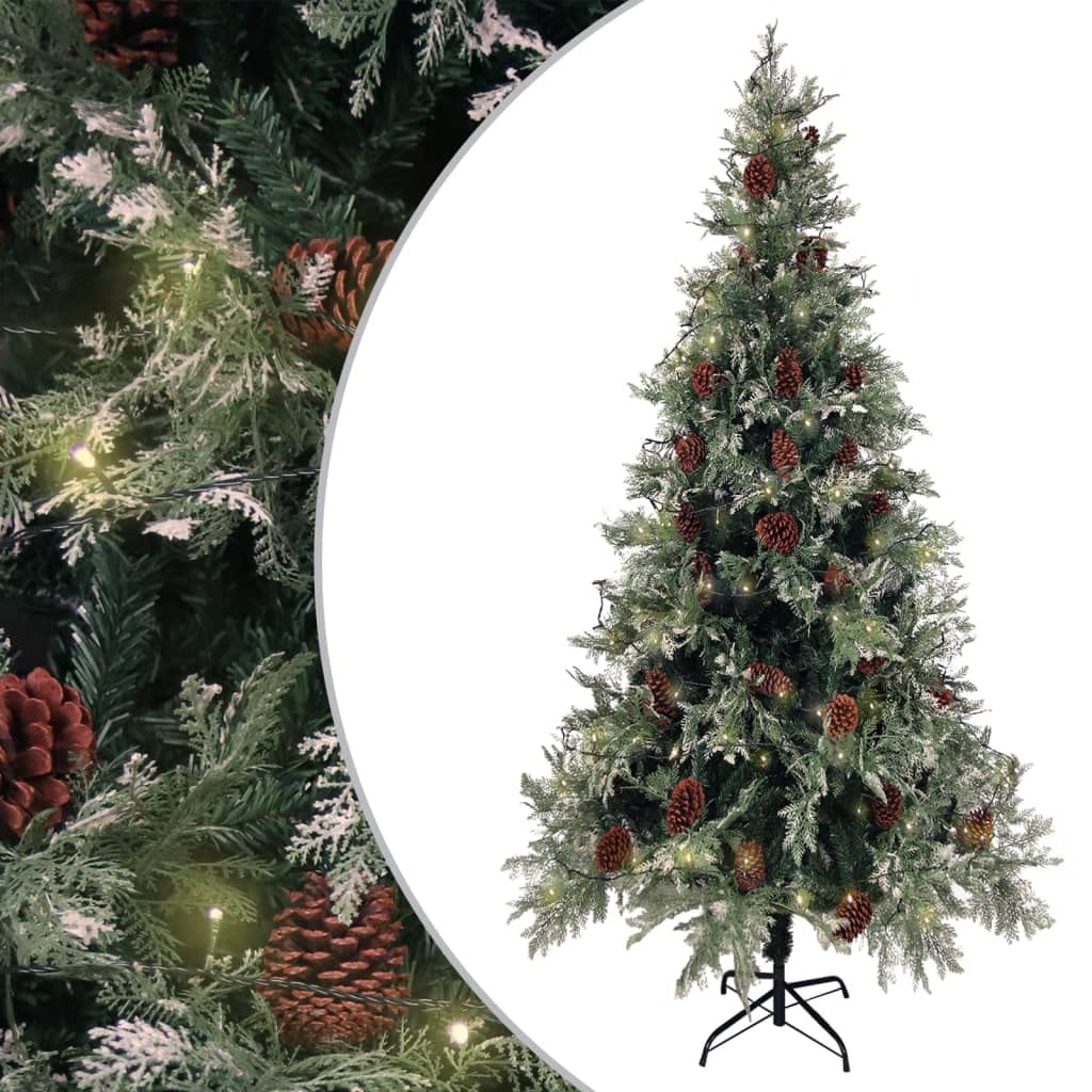 Choinka 225 cm z 300 diodami LED, składana, realistyczna choinka z PCW i PE z szyszkami sosnowymi, śnieg, stabilna do wnętrz, zielona