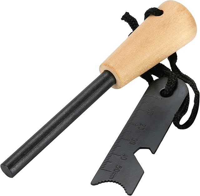 Grenhaven Krzesiwo 3 w 1, stalowe, z drewnianym uchwytem, magnezowe, do 12 000 zapłonów, linijka, 10,5 cm, otwieracz do butelek, na kemping, survivalowe, outdoorowe