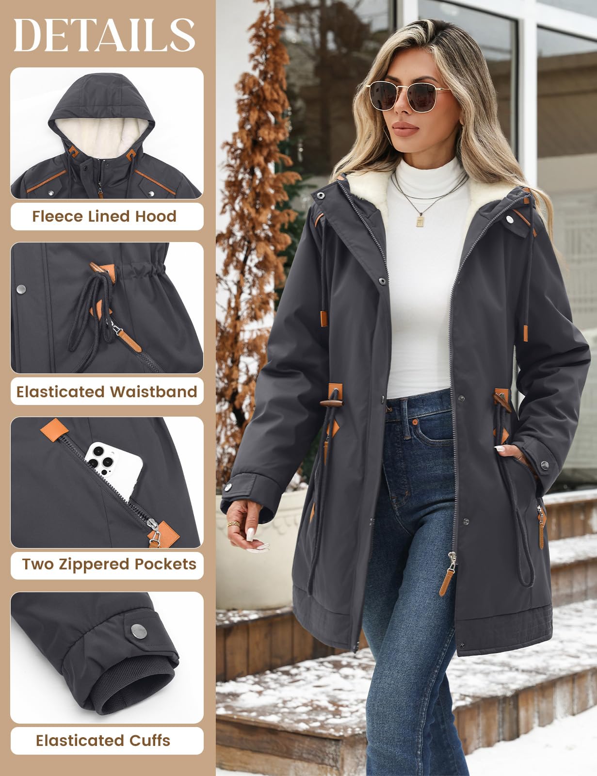 Giacca Donna Invernale Lungo Caldo Parka Cappotto con Cappuccio Autunno Invernali Giubbotto Elegante Giubbino Imbottito Casual Giacca Pile Slim Fit Outwear con Tasche
