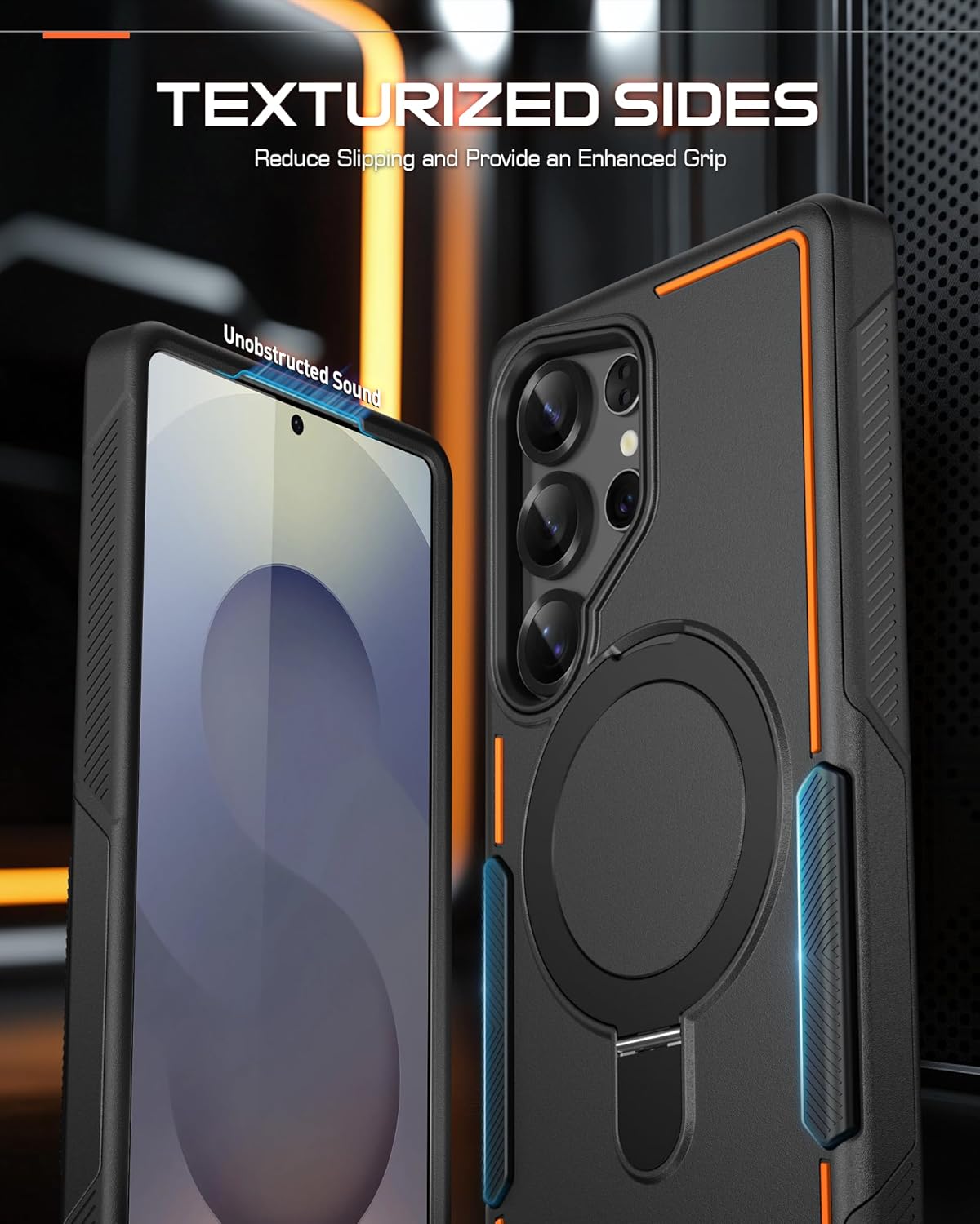 Poetic Neon MagPro Case for Samsung Galaxy S25 Ultra 5G, [Magnetic Ring Kickstand] Double Layer Rugged Slim Shockproof Protective Case, Black/Orange