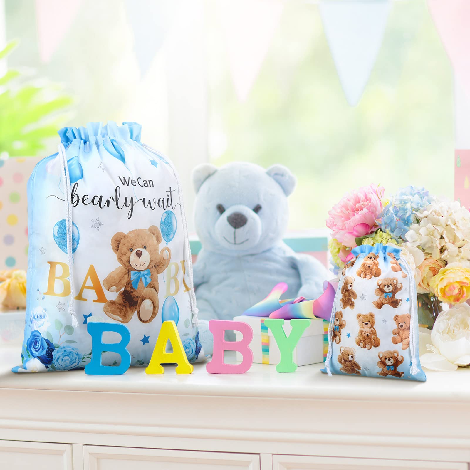 Chapou 4 szt. Niedźwiedź Baby Shower Torby na prezenty z tkaniny wielokrotnego użytku Torby na prezenty 'We Can Bearly Wait' torby na prezenty 50 cm duże 30 cm średnie torby na prezenty do pakowania