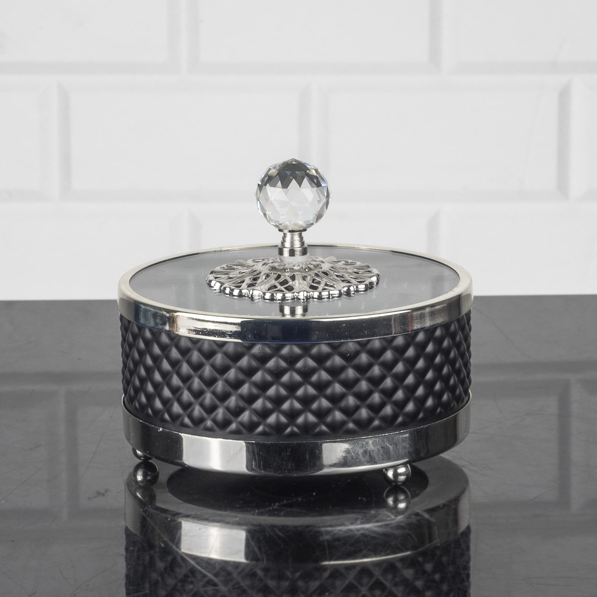 Handmade Fancy Candy Bowl, Round Decorative Sugar Serving Dish with Lid and Crystal Top, Footed Gold Candy Jars for Office Desk, Black, 5.5 in (Silver)