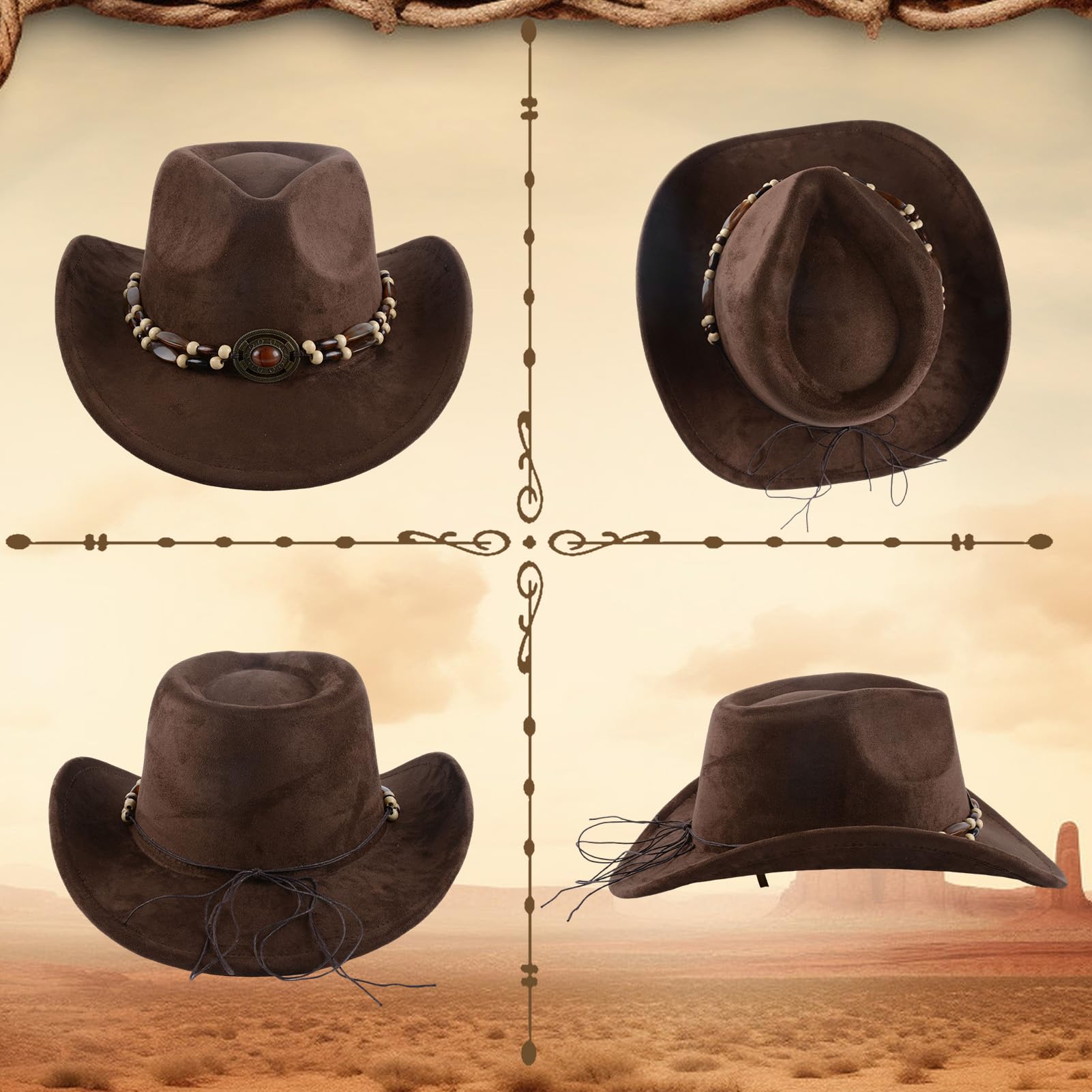 MYKAGS Brown Occidental Cowboy Chapeau Hommes et Femmes Large Edge Outdoor Suede Chapeau Taille Réglable Classique Cowboy Chapeau Design de Mode