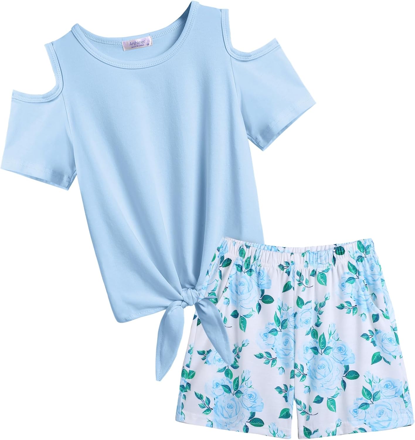 Arshiner Girls Short Sets 2 Pieces Outfits Short Sleeve Tie Knot T-Shirts and Casual Shorts With Pockets Cute Clothes Sets