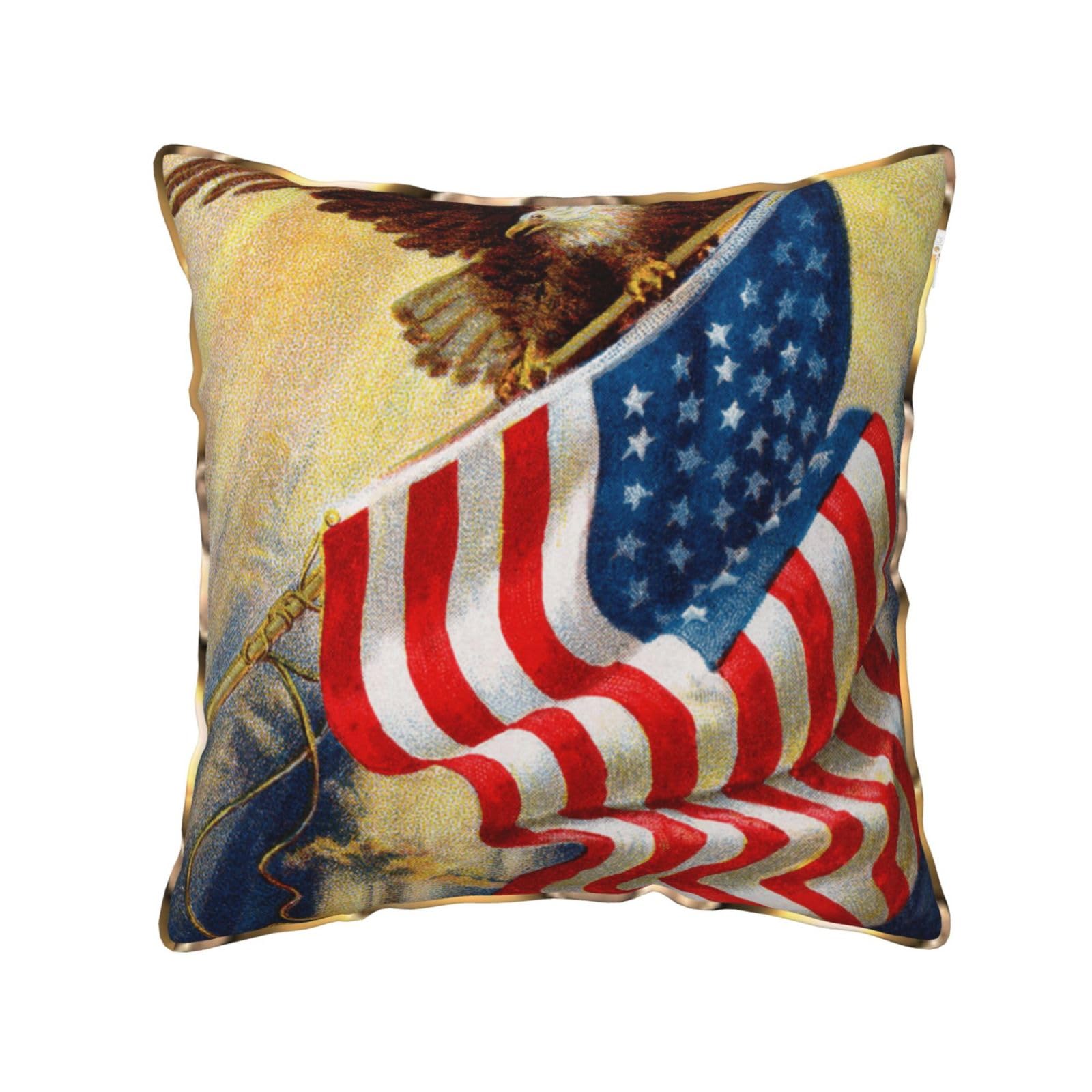 AUBKFELD American USA Flag Eagle Art Printed Velvet Cushion Cover 40x40 CM with Gold Edging Strip, Square Pillowcase Soft Throw Pillow Covers Case Decorative for Living Room Sofa Couch Bed Bench