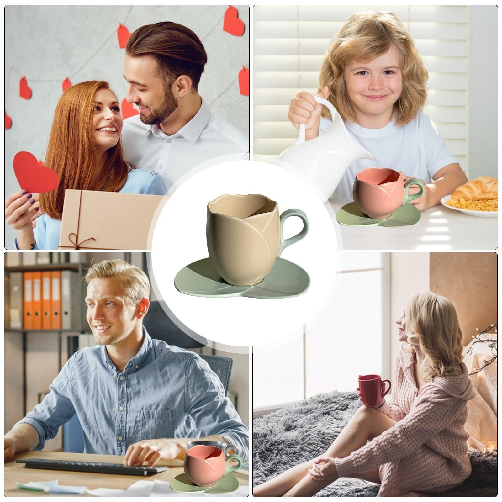 Nivofu - Ensemble Tasse à Café 300 Ml Avec Soucoupe Fleur Mignonne - Céramique Artisanale Peinte à La Main - Cadeau Fille Maman