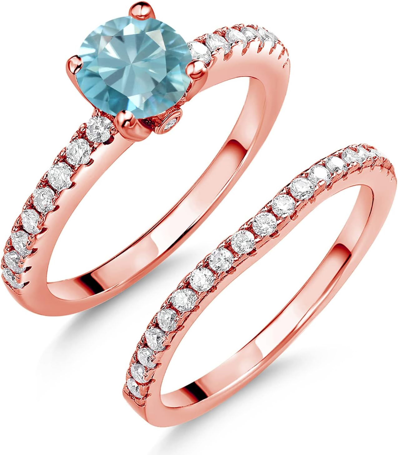 Gem Stone King 18K Rose Gold Plated Silver Gemstone Birthstone and White Moissanite Wedding Engagement Band Bridal Set Ring for Women | Round 6MM and 1.3MM | Available in Size 5-9