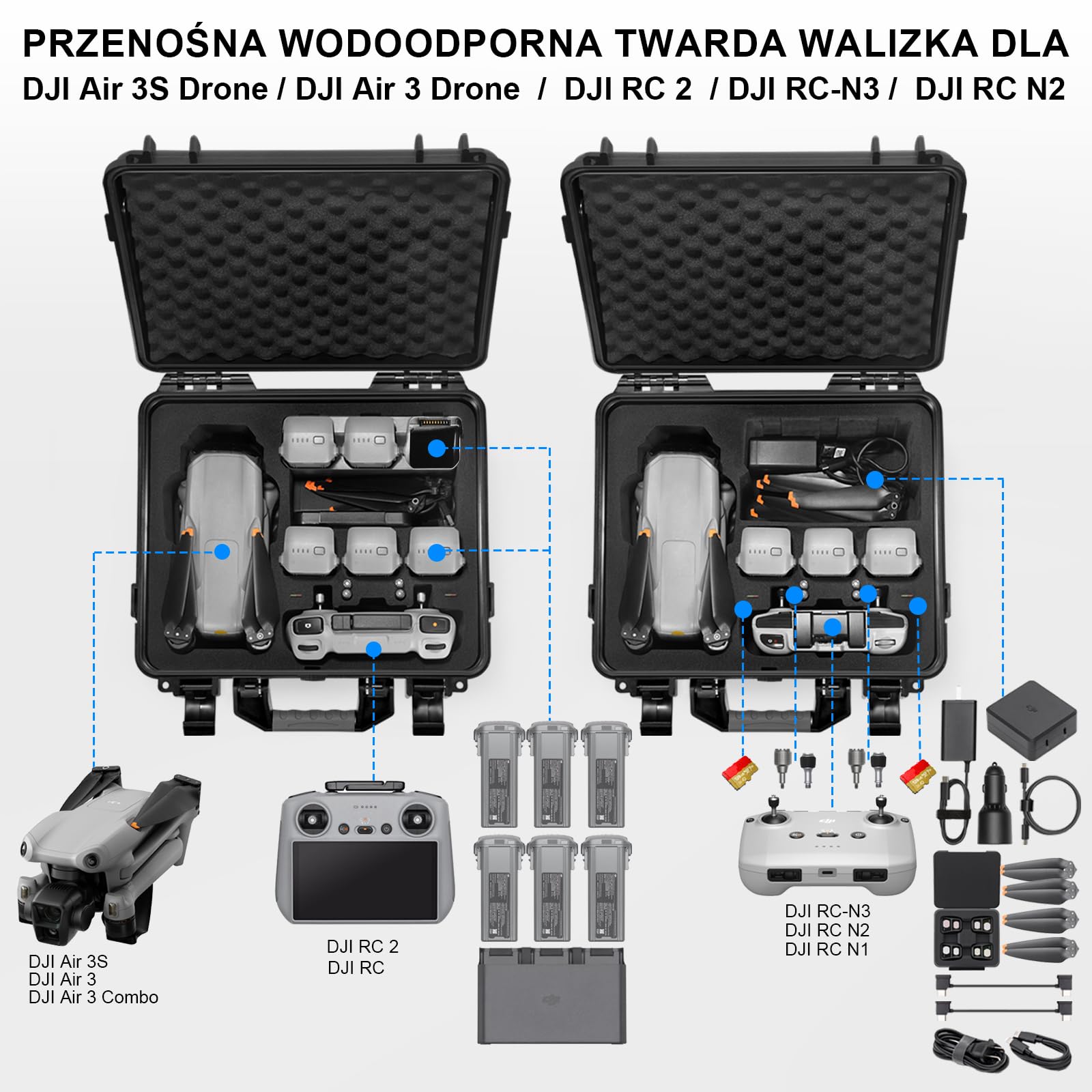 Lekufee Wodoodporna torba na drona do DJI Air 3S/Air 3 Fly More Combo,DJI RC N3/N2/RC 2/ Zdalny kontroler i akcesoria (Tylko etui)