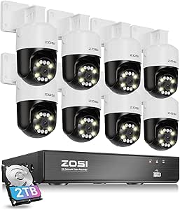 ZOSI 8CH (16CH Expandable) 4K PoE Security Camera System with AI Face Person Vehicle Detection, 8 x 5MP 3K Outdoor Auto Tracking PT PoE IP Camera with Floodlights, 5X Digital Zoom, 8CH NVR, 2TB HDD asin的图片