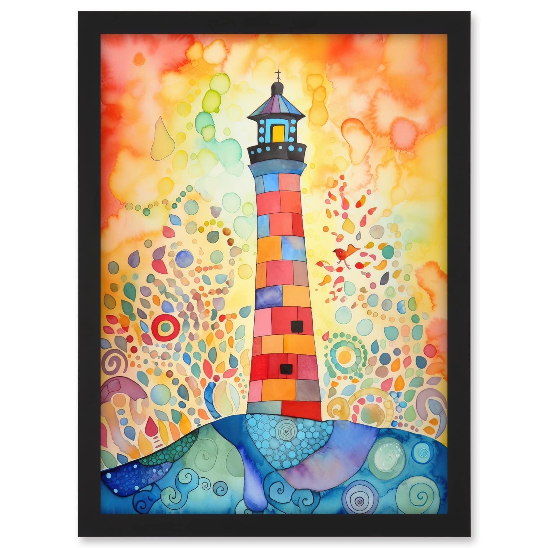Artery8 Lighthouse At Sunset Dreamy Folk Art Watercolour Painting Artwork Framed A3 Wall Art Print