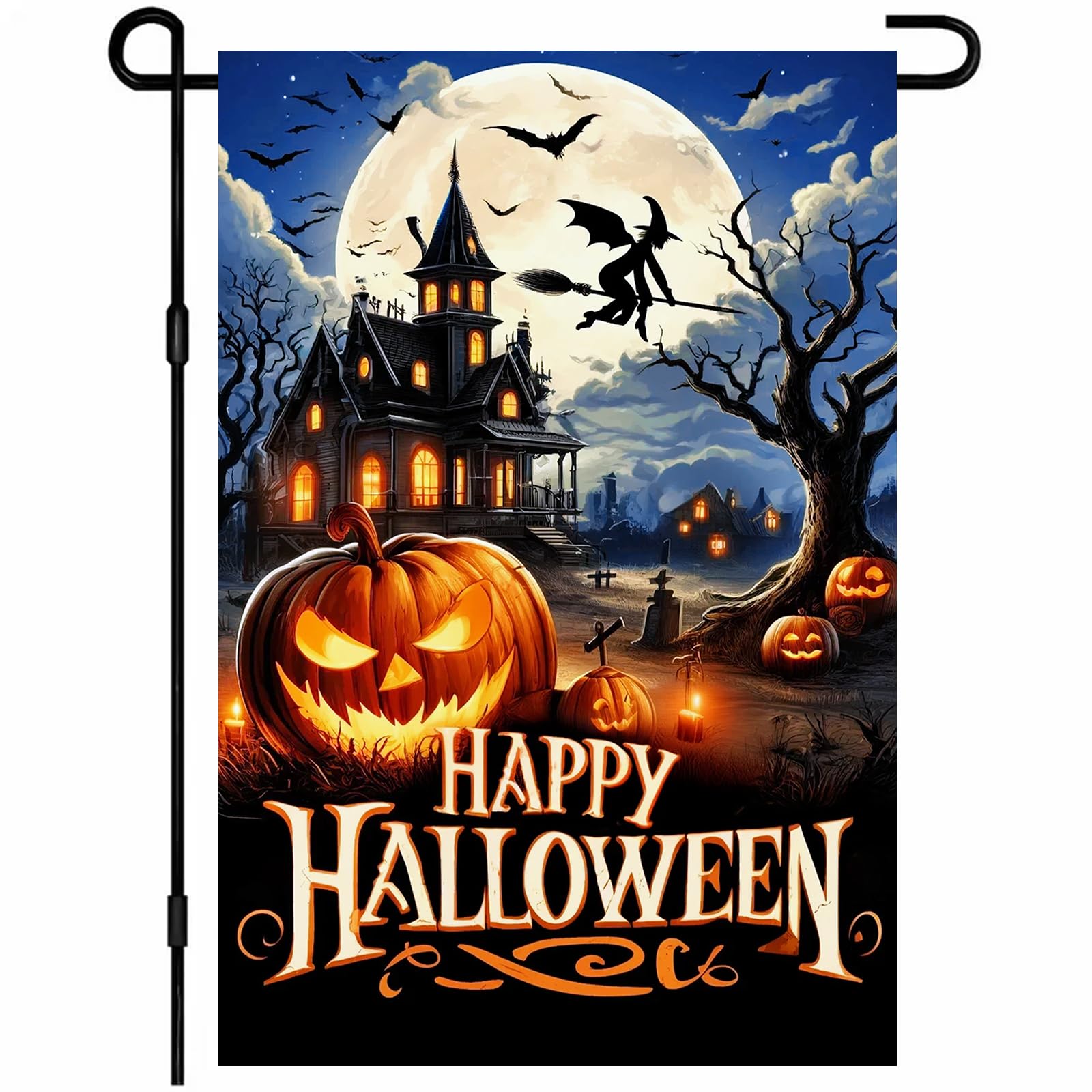 Happy Halloween Garden Flag Haunted House Flag 12x18 Inch Witch Flying Pumpkin Bats Moon Spooky Outdoor Yard Decor House Banner Porch Lawn Patio Home Decoration