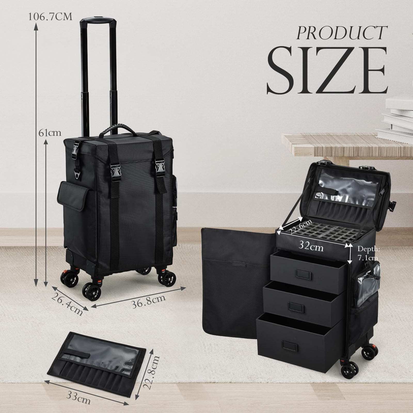 Kosmetikkoffer Make up 4 in 1 Friseurkoffer Nagelkoffer mit 3 Schubladen Beauty Case Koffer mit Rollen Kosmetik Trolley Multikoffer,Schwarz
