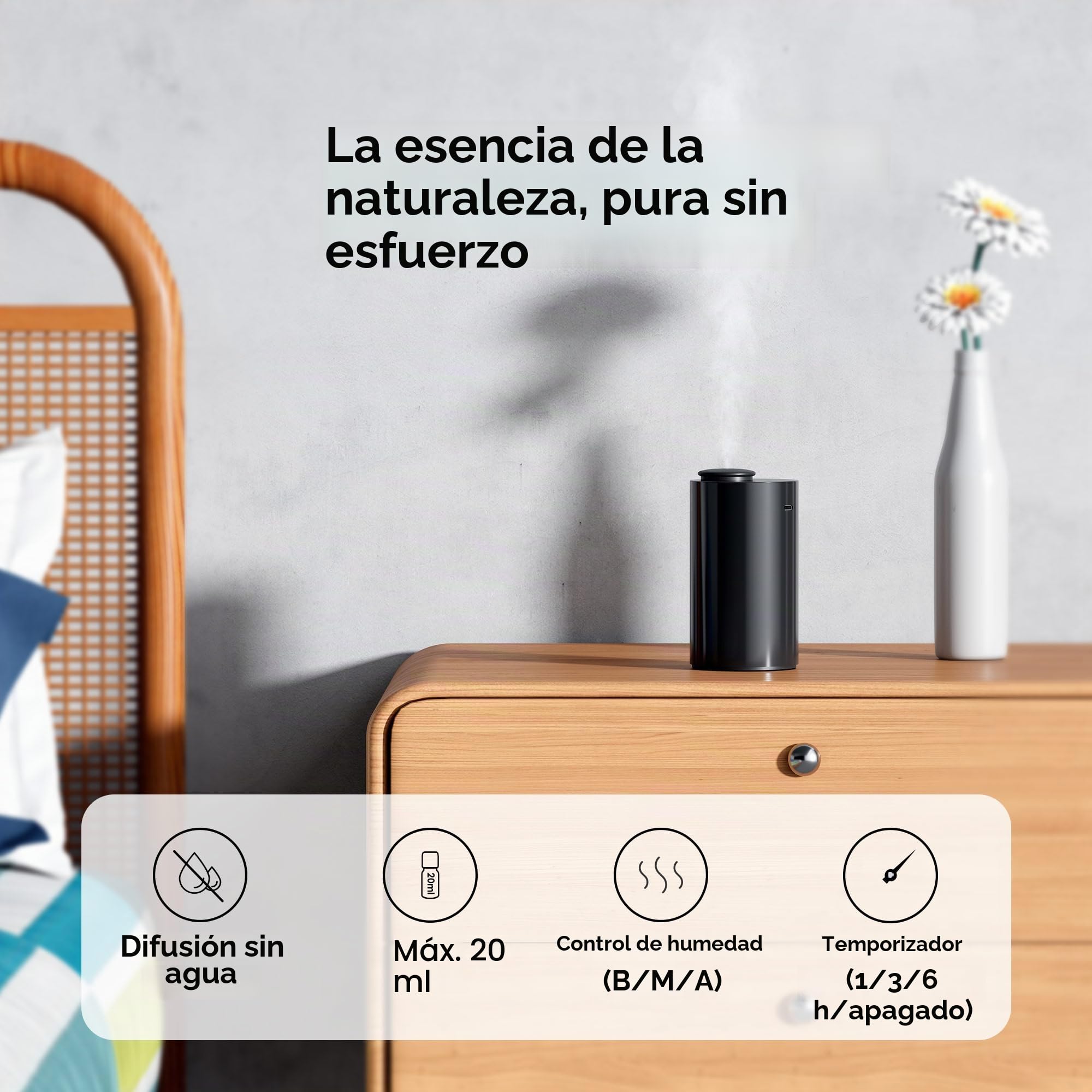 Airversa Difusor de aceites Esenciales sin Agua. Nebulizador a Pilas, Mini máquina de Aromas. Aromaterapia, 4 temporizadores, 3 Niveles de Vapor. para casa, Coche, Oficina. AN6 Negro