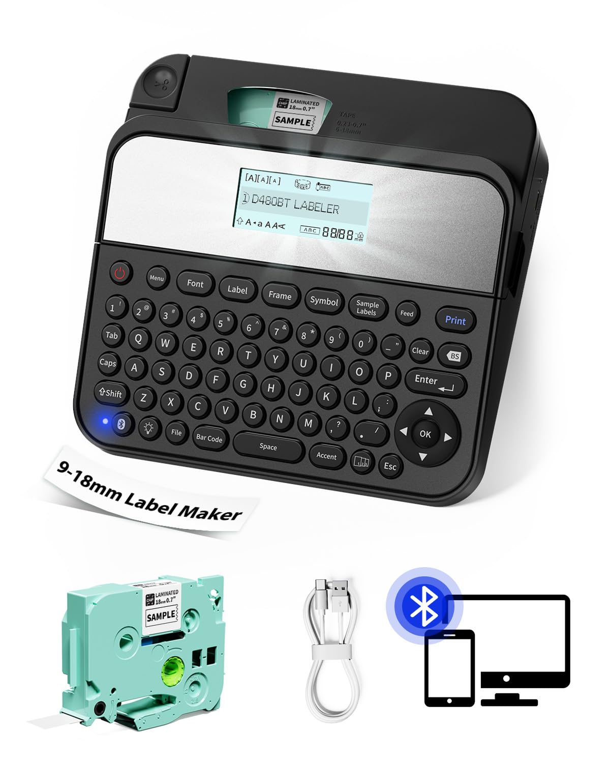 Label Maker Machine with-Tape, D480BT Bluetooth Rechargeable Label Maker with Keyboard, Backlit Screen, Connect PC & Phone, Create Via BZ Label Up to~18mm 3/4 inch, Idea for Home Office