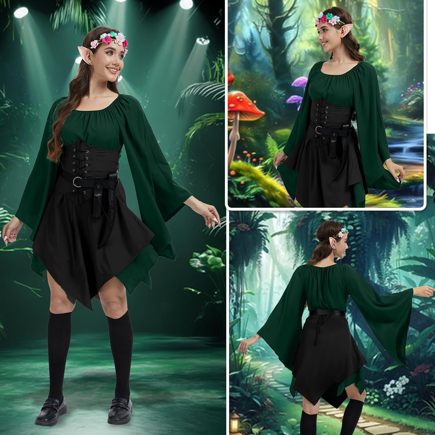 7PCS Women Elf Costume Renaissance Dresses Halloween Medieval Irish Dress Fairy Costume - Image 5
