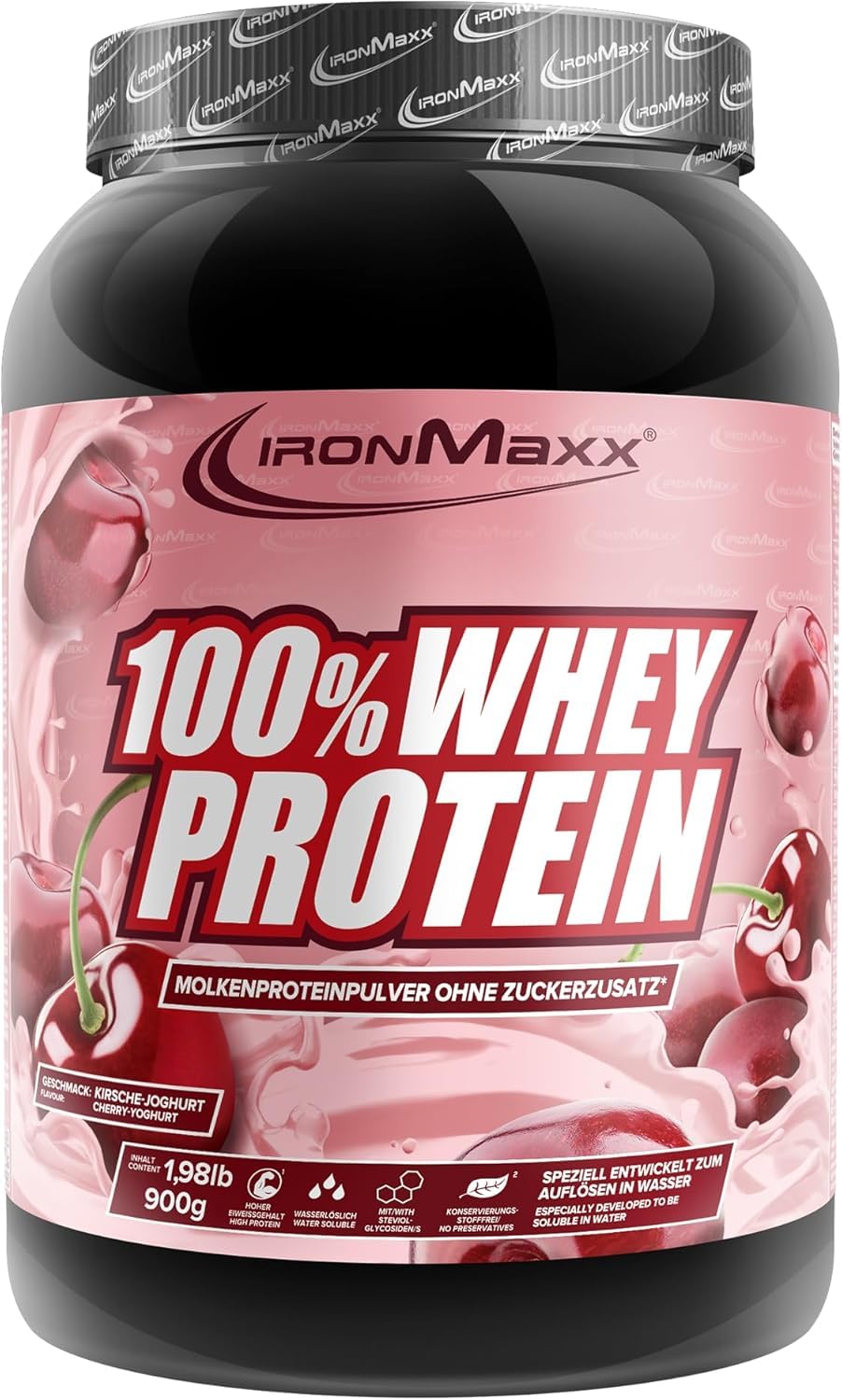 IronMaxx 100% Whey Protein – Białko Serwatkowe, Jogurt Wiśniowy, 900 g | Wysokobiałkowy Shake z BCAA i EAA | Niska Zawartość Węglowodanów i Cukru