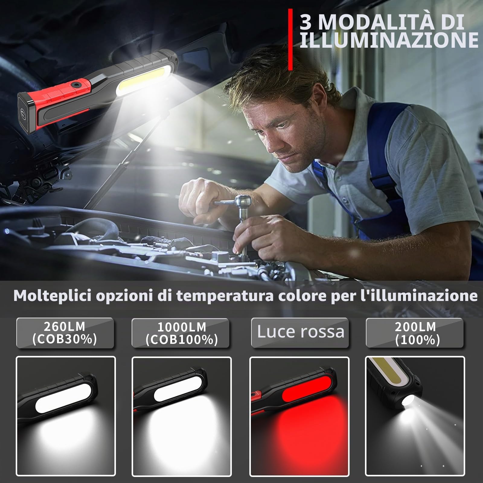 Lampada da lavoro LED, batteria da 6000 mAh, torcia elettrica con funzione orientabile, base magnetica e gancio, 5 modalità, lampada di ispezione COB per riparazione auto, officina