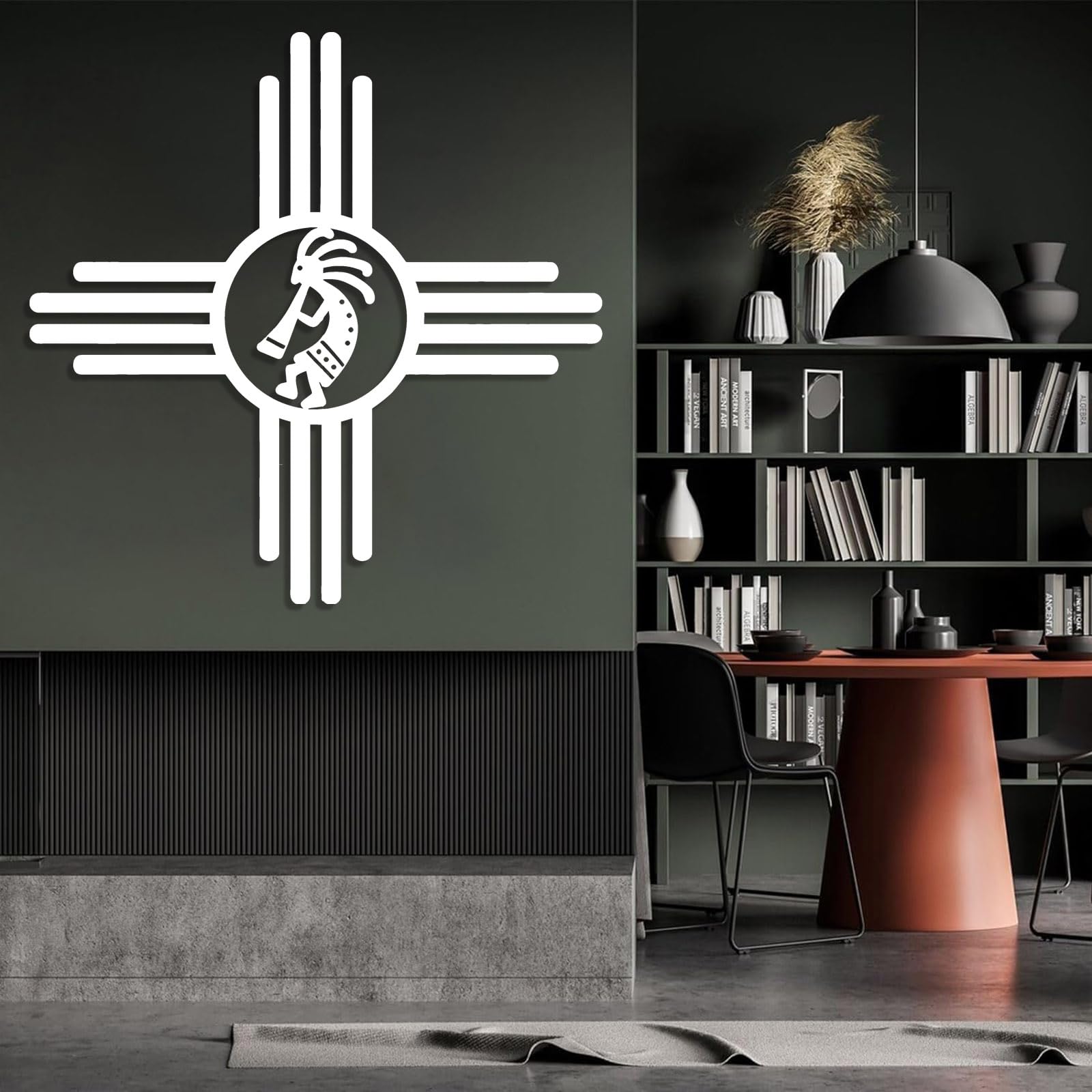 Decoración de pared abstracta contemporánea de metal con el símbolo del Sol ZIA y Kokopelli, arte, decoración, colgante, símbolo de Nuevo México, interior, exterior, jardín, patio (70x70 cm, negr