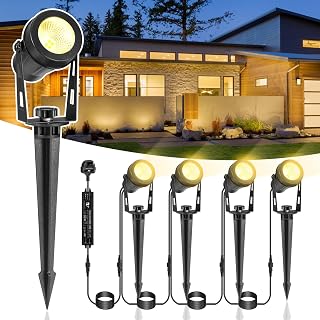 4-1 Garden Spot Lights, 15M Outdoor Spotlight with Adapter, 12V Low Volt LED Garden Lighting, IP65 Waterproof, Outdoor Spot Lights Mains Powered for Yard (3000K)