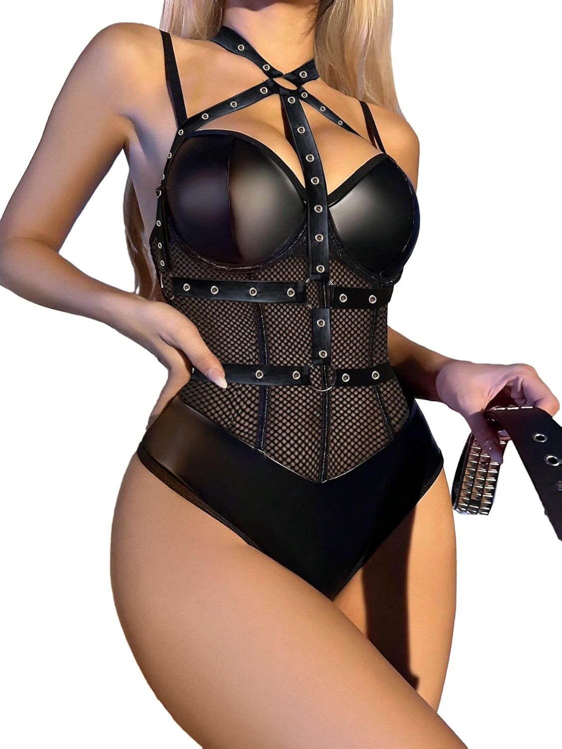 Lilosy Sexy Crisscross Choker Leather Pu Underwire Babydoll Women Harness Teddy Bodysuit Nightshirt One Piece