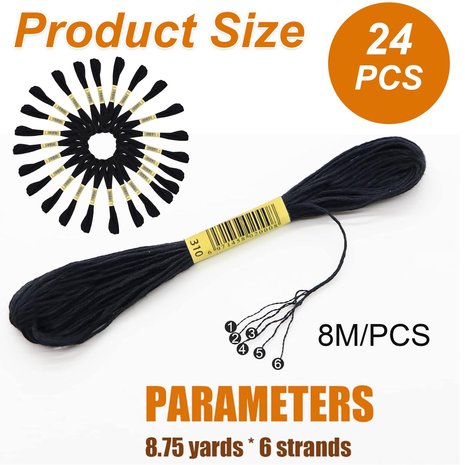 24 Fils à Broder Noir ZALHIN | 6 Brins De 8m | Polycoton | Pour Bracelets, Point De Croix, DIY