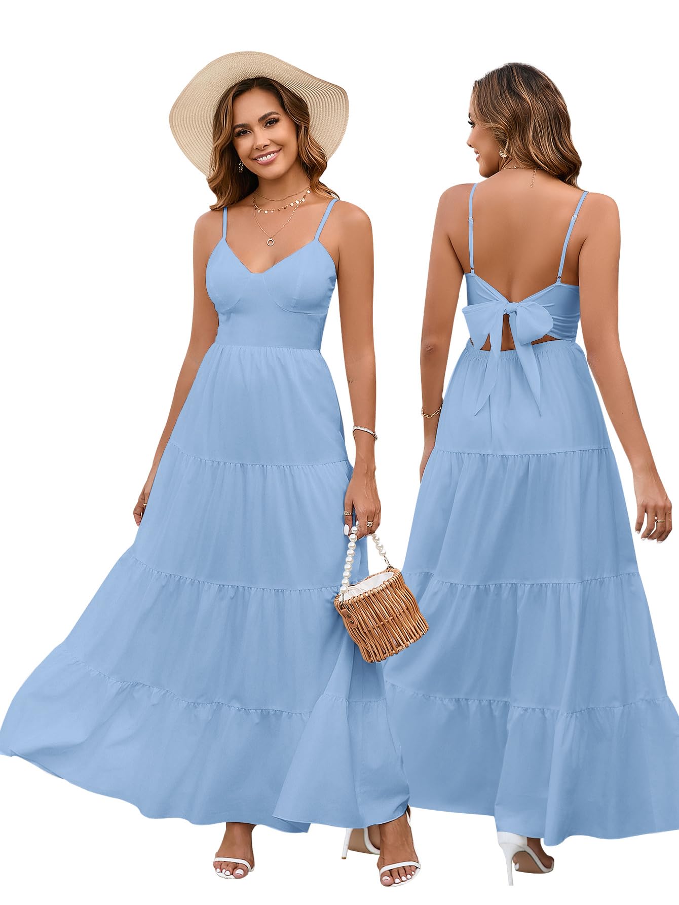 HTZMO Women Casual Summer Floral Maxi Sundress V Neck Spaghetti Strap Bow Tie Backless Flowy Boho Beach Long Dress 2026