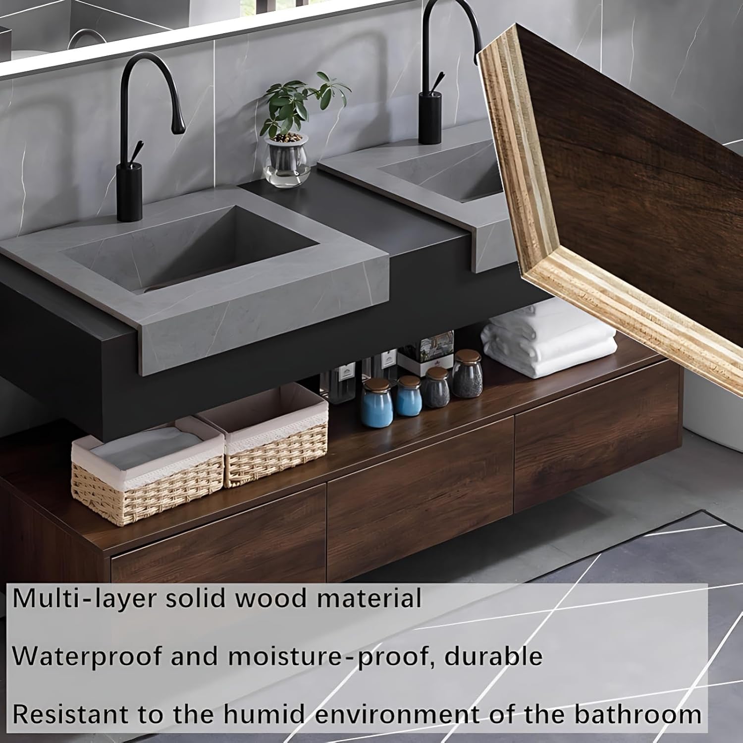 Modern Bathroom Vanity with Sink - Wall Mounted Double Sink Bathroom Vanity, Premium Double Vanity and Bathroom Sink Cabinet, Elegant Floating Vanity with Ample Storage (72")