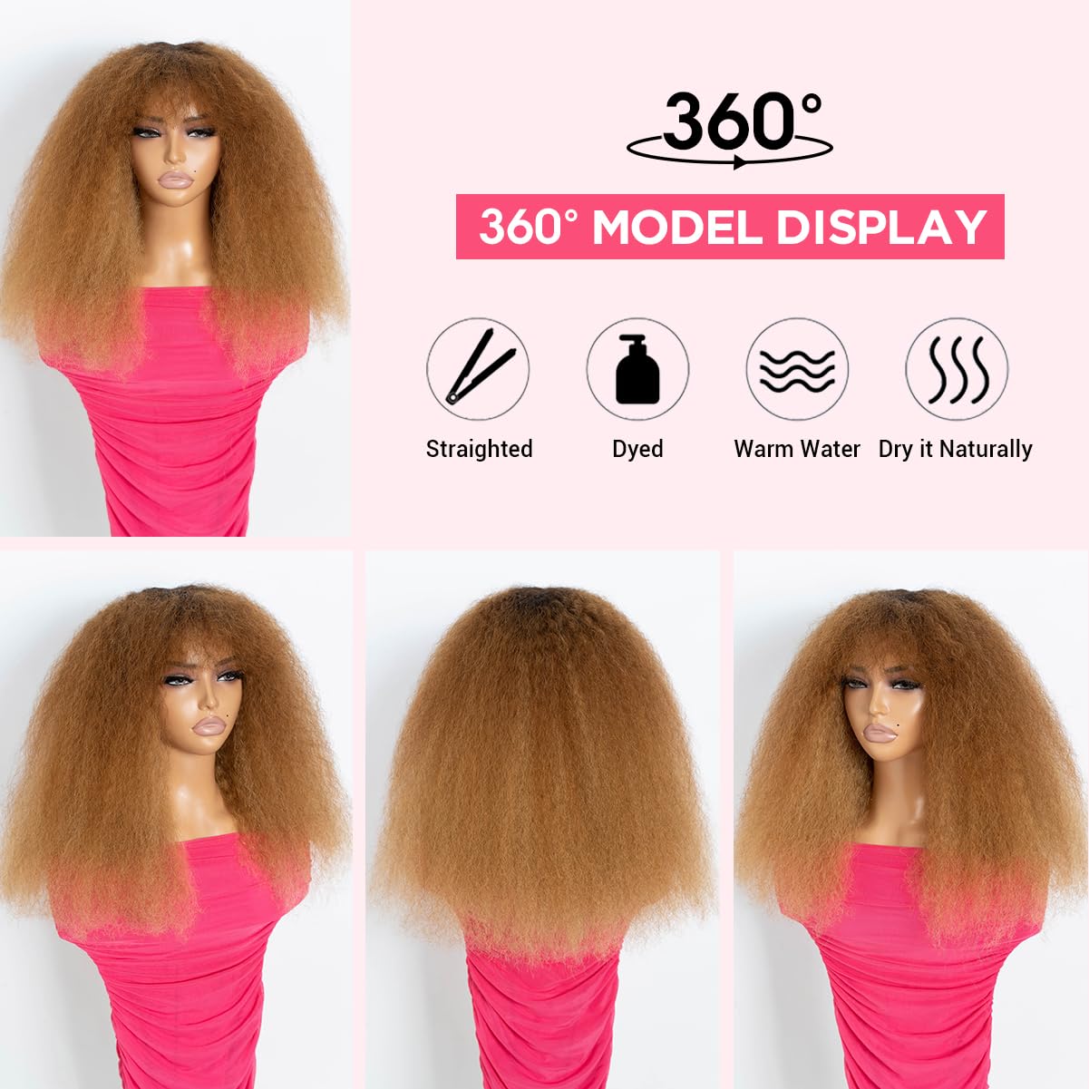 Rebecca Fashion Afro Kinky Curly Wig with Bangs Human Hair Minimalist 2.5x1 Lace Scalp Wig for Women Glueless Wear and Go Wigs Ombre Dark Brown to Honey Blonde Color