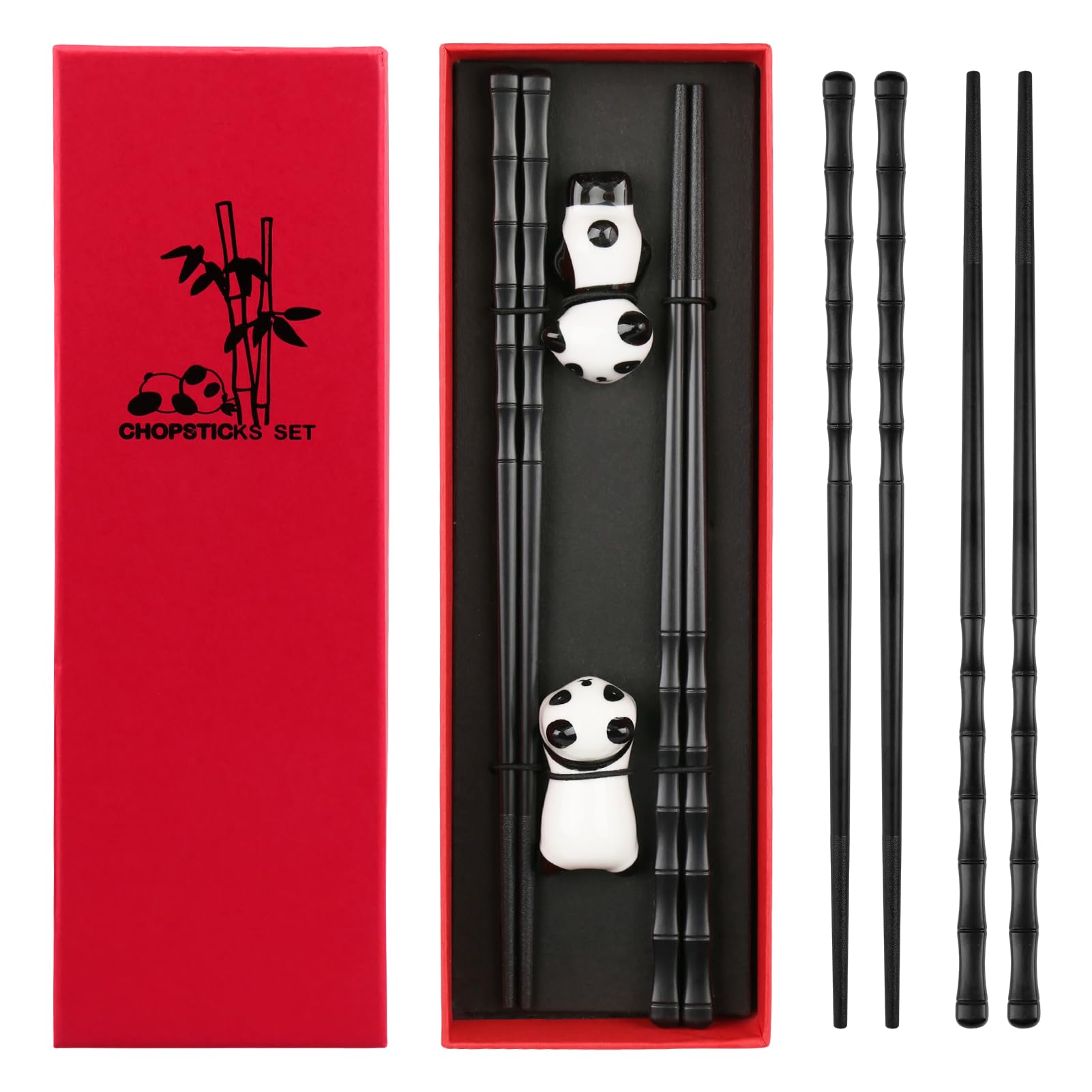 Havlock 2 Pairs Fiberglass Chopsticks - Reusable Chopsticks with Ceramic Panda Rest Dishwasher Safe, Non-Slip Japanese Chinese Chop Sticks Gift Set for Sushi Noodles Rice, 9.5 Inch / 24cm Black