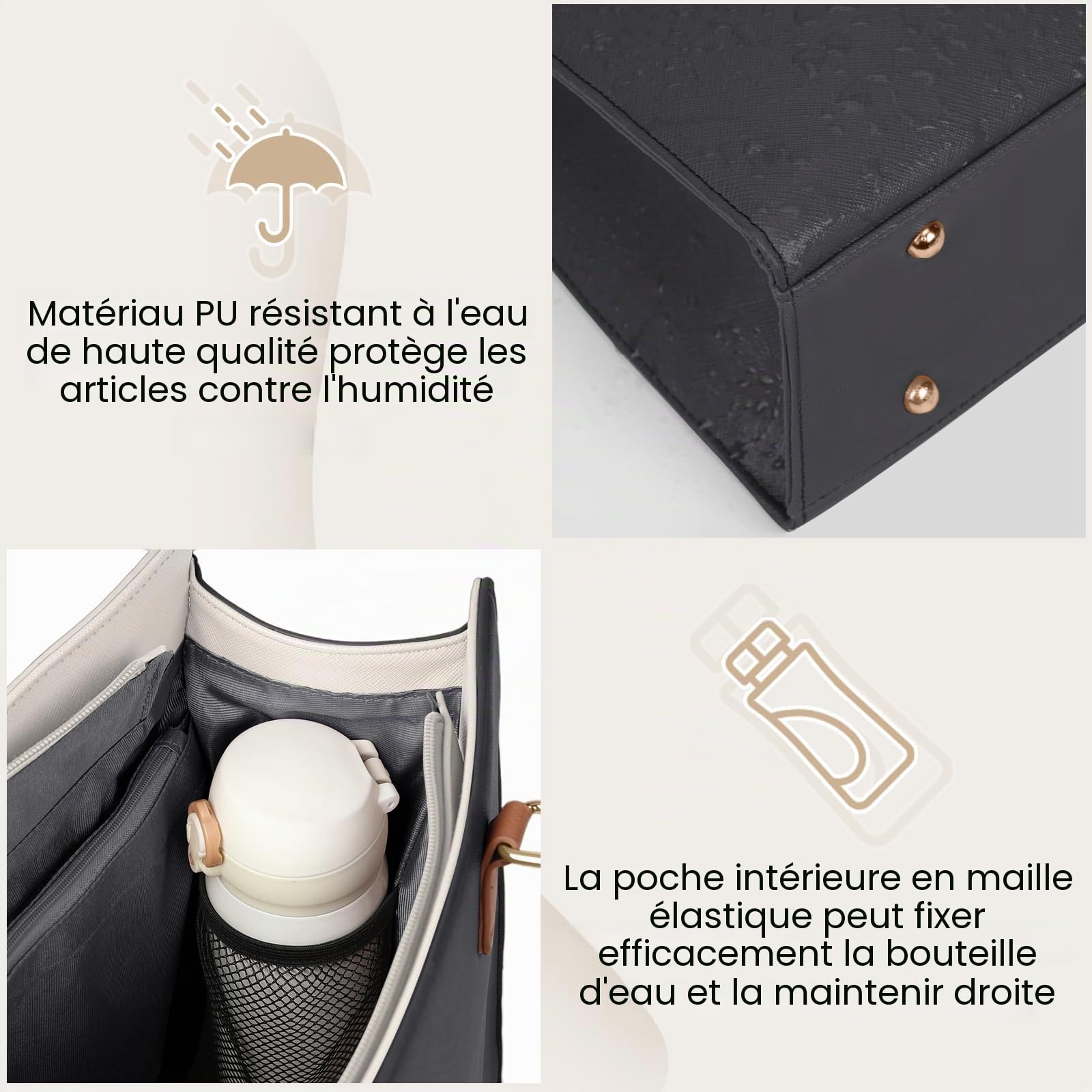 RAINSMORE Sac Cabas Femme Sac a Main Grande Capacité PU Cuir Sacs de Cours Ordinateur Portable 15,6 Pouces Imperméable 2 Pièces pour Voyage Affaires Travail