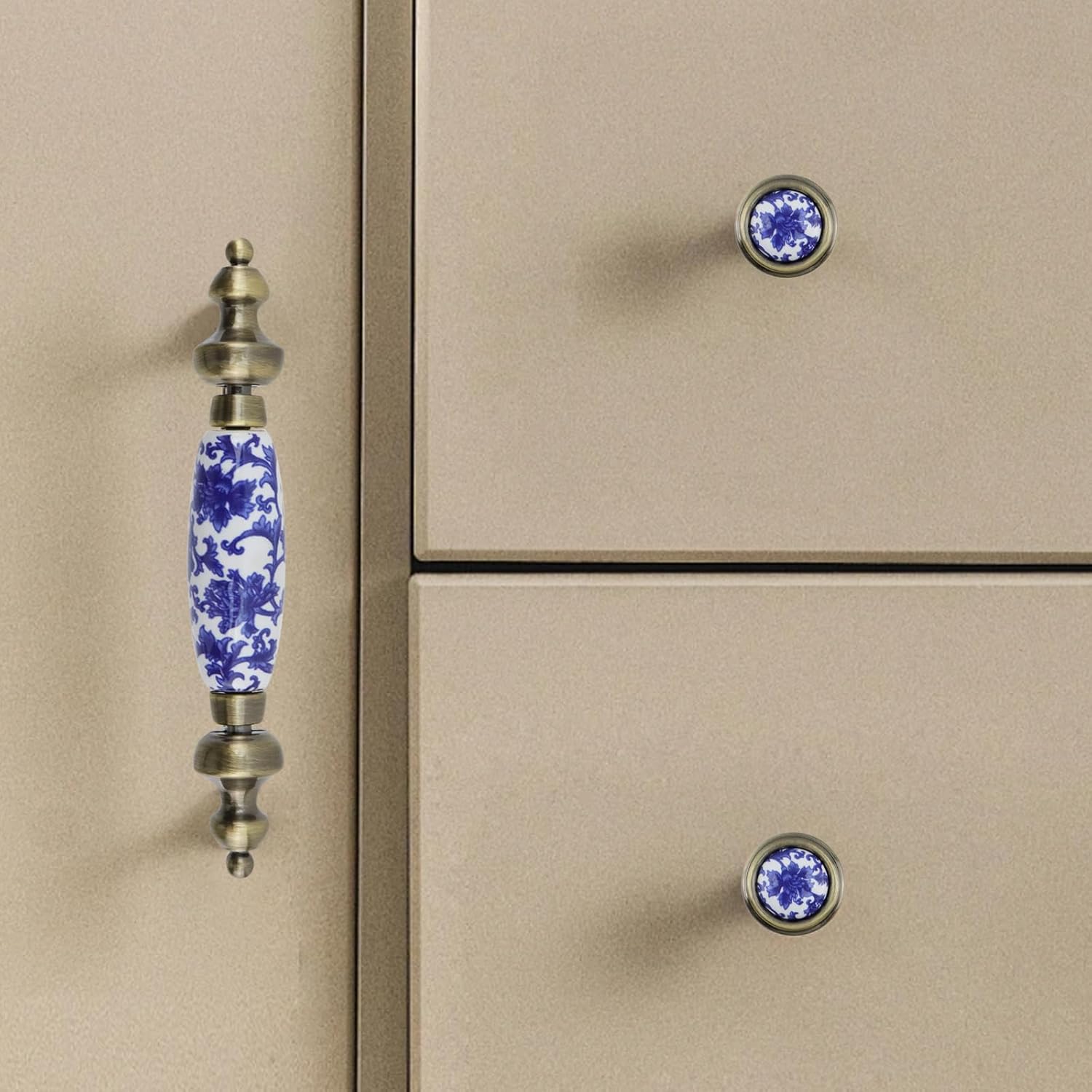 T Tulead Ceramic Drawer Knobs 1.26"×1.06", Cabinet Handle Pulls 3" Hole Centers, Blue and White Porcelain Pulls Handles Knobs Sets, Zinc Alloy Base, 4 Sets with Screws