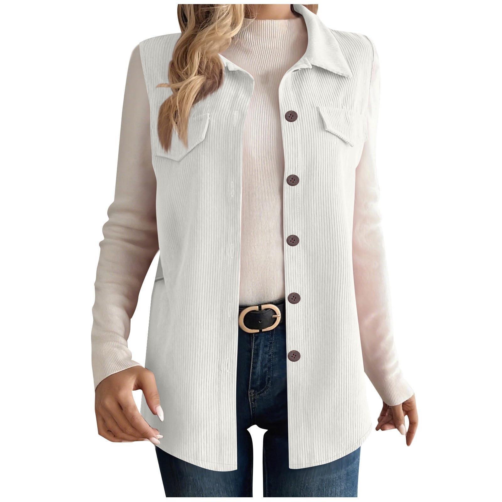 Women's Corduroy Vest Collared Lightweight Button Down Sleeveless Shacket Shirt Jacket Fall Clothes Outfits White Large