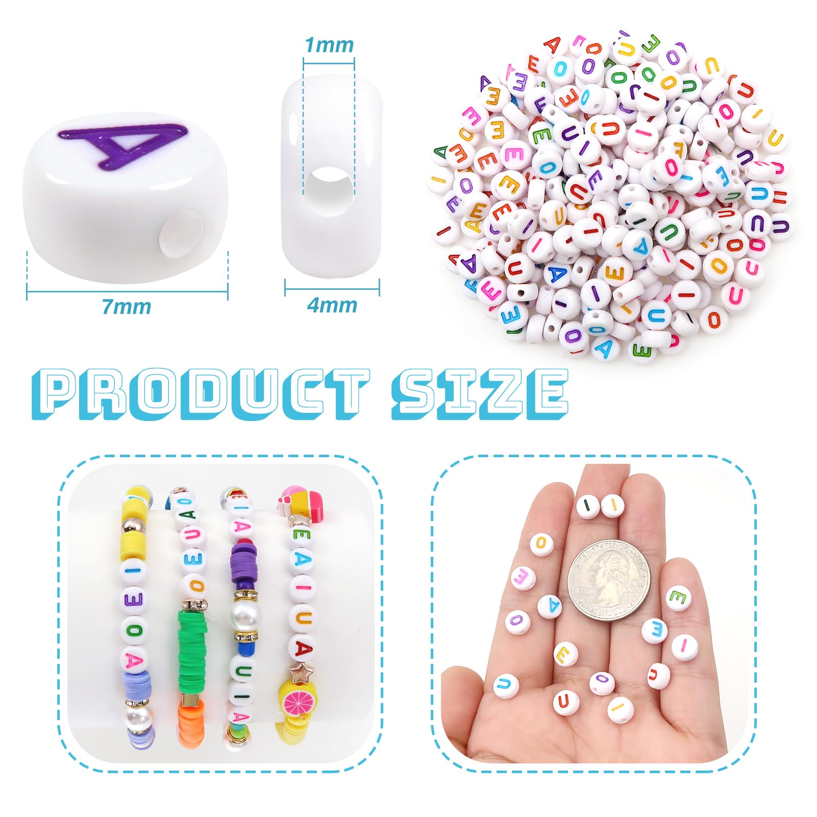 TOAOB 500pcs Vowel Letter Beads 7mm Round Acrylic Alphabet Beads with Colorful Word A E I O U for Necklace Bracelet Jewellery Making - Image 2