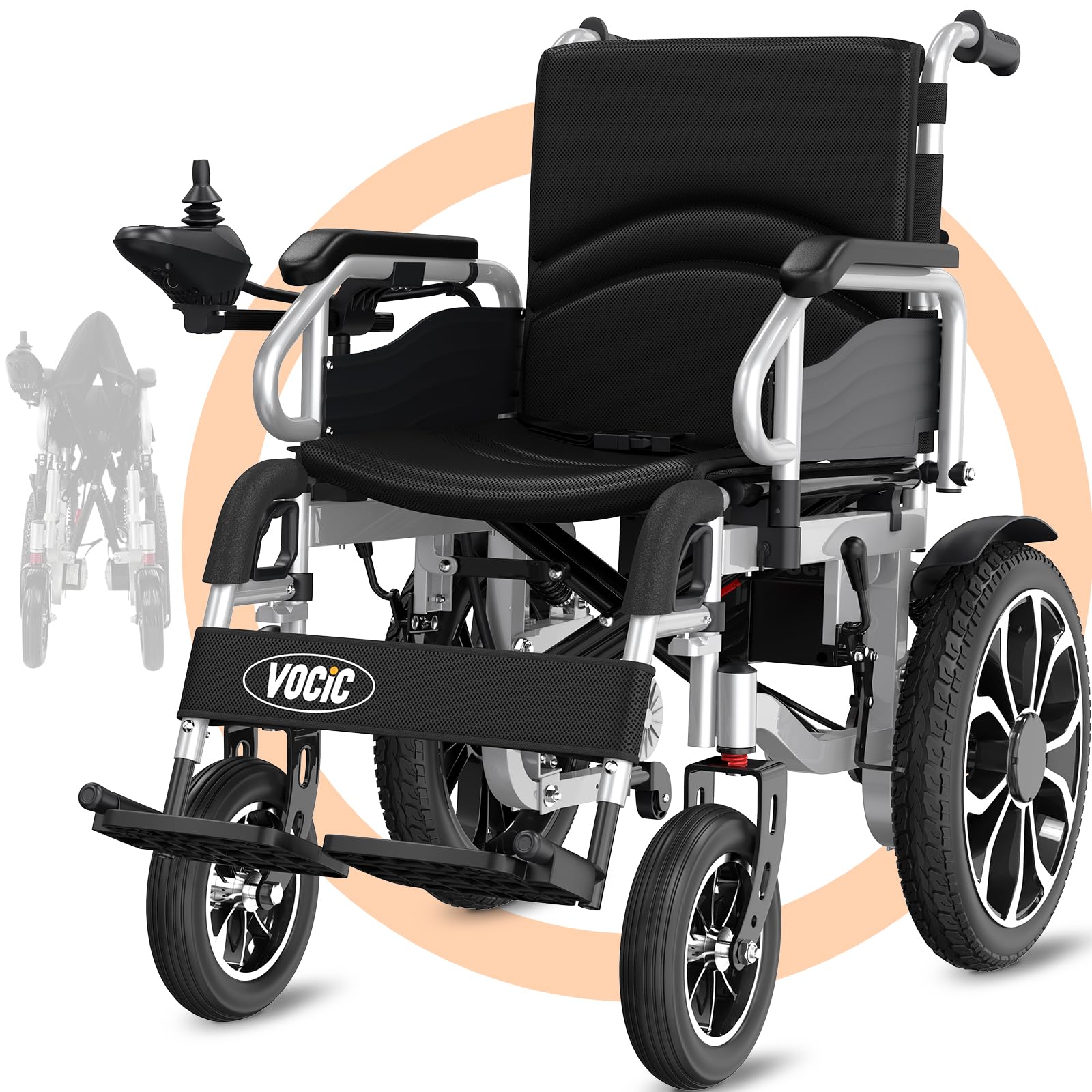 VOCIC Rollstuhl Elektrisch Faltbar Leicht bis 150KG,30KM Elektrischer Rollstuhl Outdoor Elektrorollstuhl mit 40CM Gummi Luftbereifung für all Gelände,Leicht zu transportieren