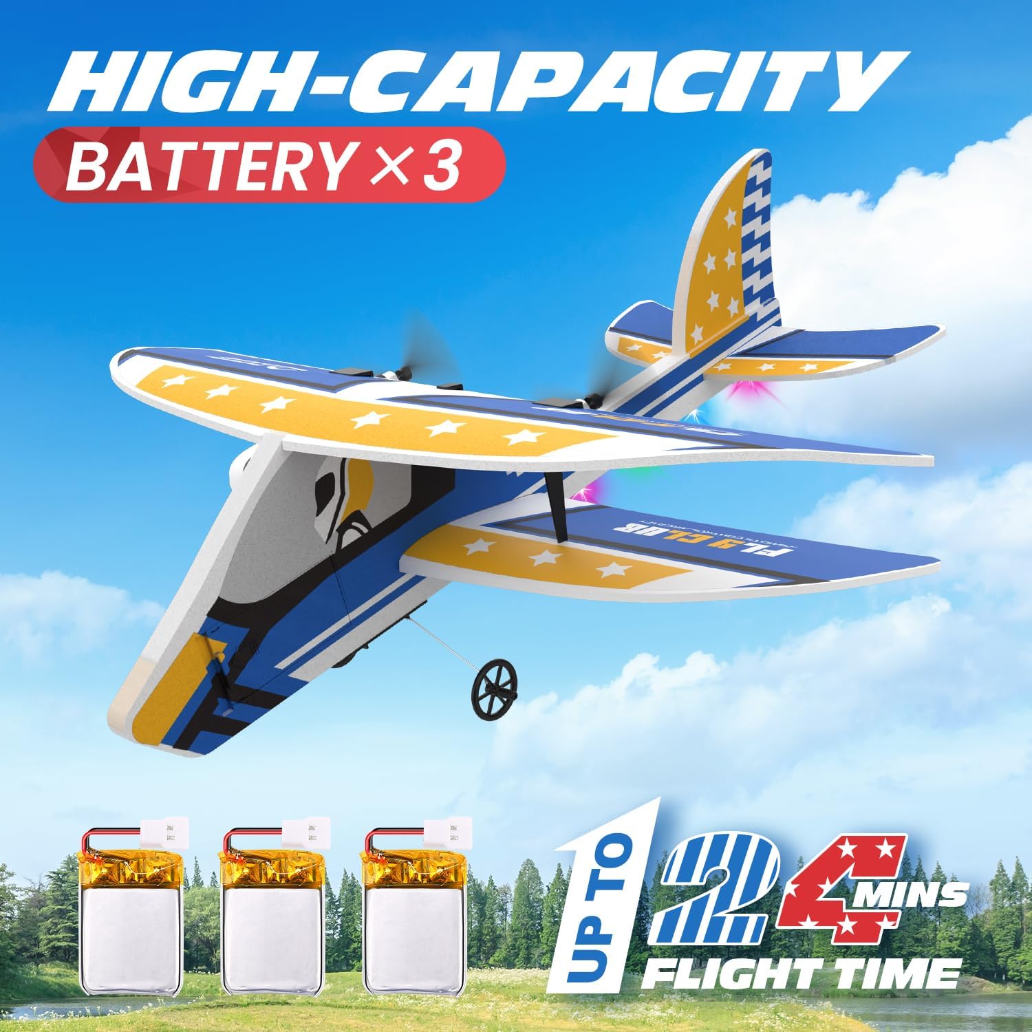 Three LiPo batteries shown next to the DEERC RC Plane, indicating high capacity and up to 24 minutes of flight time.