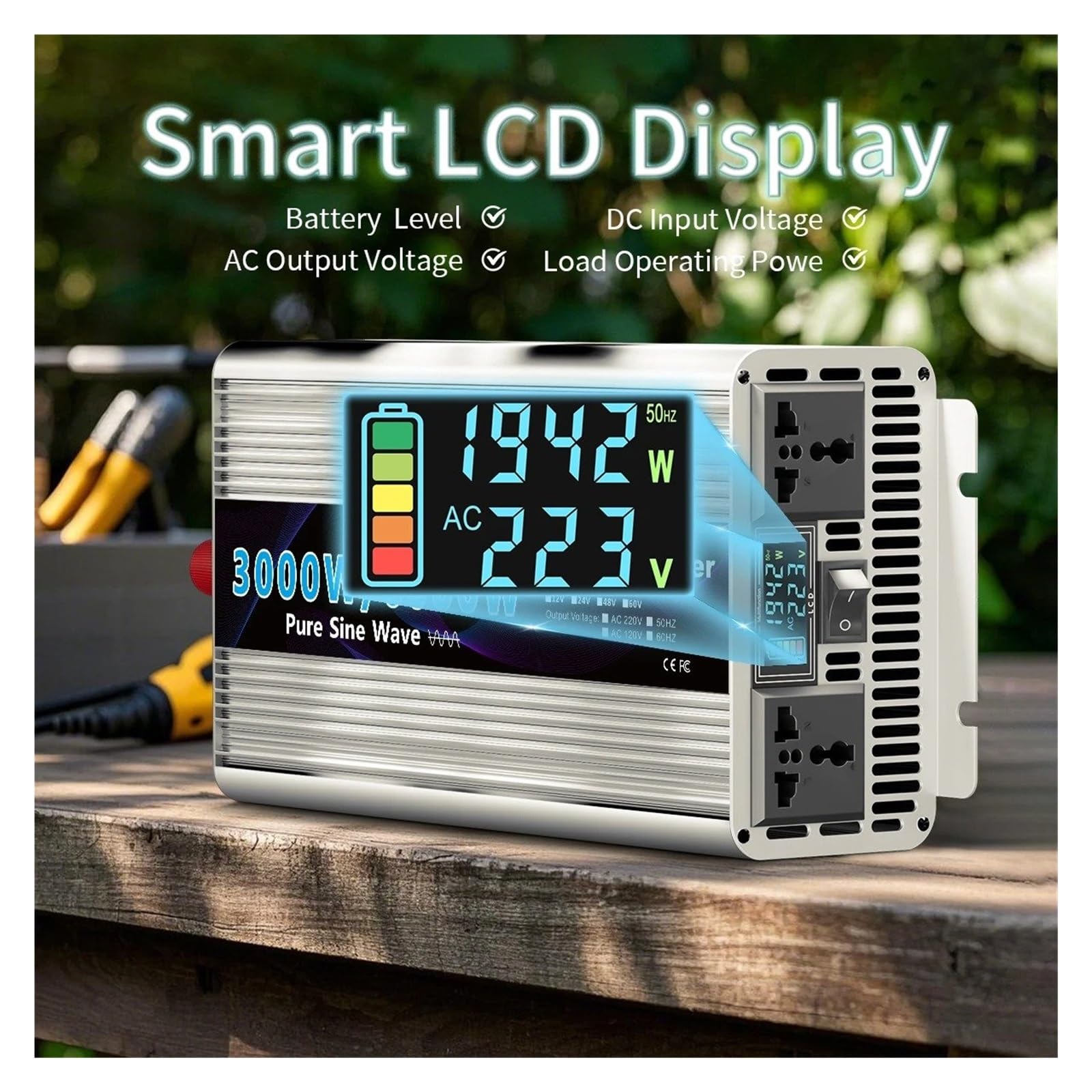 Inversor Corriente Onda Sinusoidal Pura 12 V CC A 220 V CA con Pantalla LCD Control Remoto Vehículos Autocaravanas Enchufe Europeo(12V,2000W)