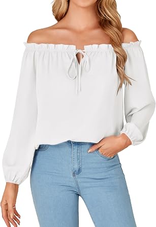 Rooscier Womens Off Shoulder Ruched Lantern Long Sleeve Casual Loose Tops Blouse Shirt