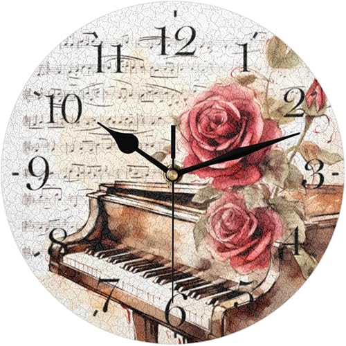 Miniatura 1 de OMFUNS Piano Music Wall Clock Silent Non-Ticking Rose Flower Modern Clocks Battery Operated Analog Clock Decorative for Living Room Bedroom Kitchen