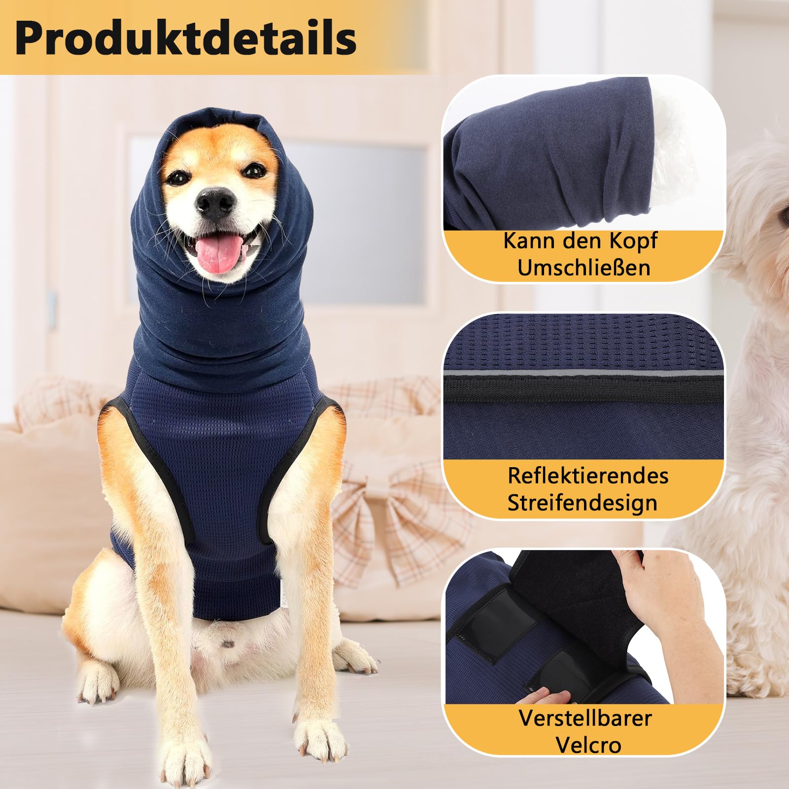 Gilet calmante per cani con cappuccio e strisce riflettenti, morbido e regolabile, traspirante, per ridurre lo stress nei fuochi d'artificio, temporali e viaggi (blu scuro, 3XL)