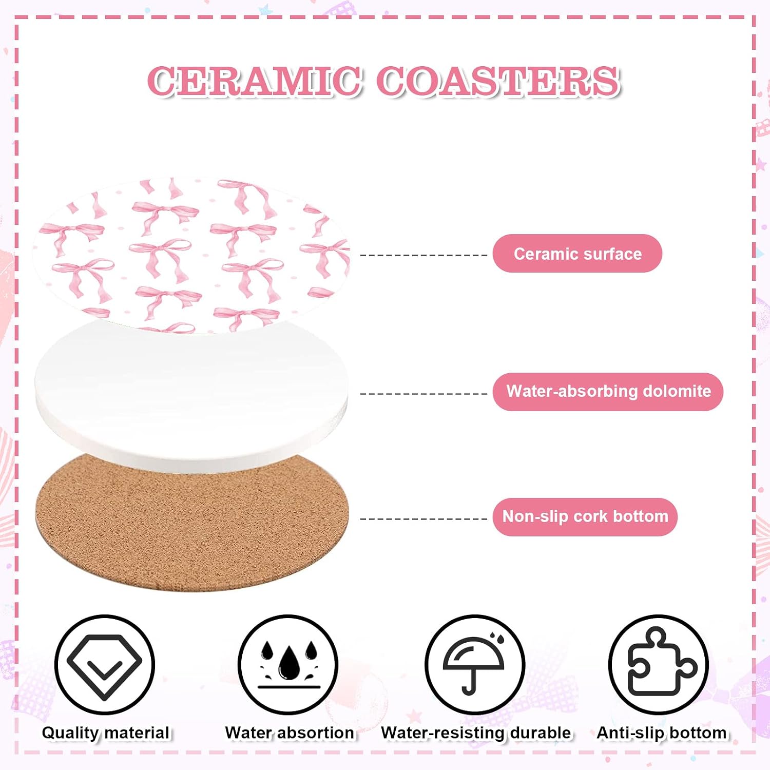 FYSUIMU 6Pcs Pink Bow Coasters Cute Coquette Bowknots Ceramic Drink Coasters Absorbent Cup Mat for Home Kitchen Office Party Table Decor