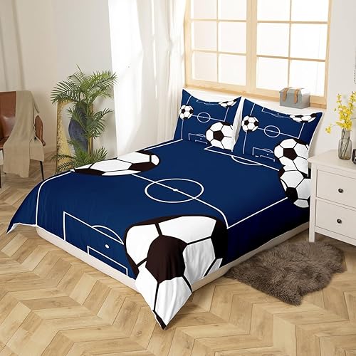 Miniatura 2 de jejeloiu Juego de ropa de cama de fútbol de tamaño individual para niños, niñas, adolescentes, temática deportiva, funda de edredón transpirable