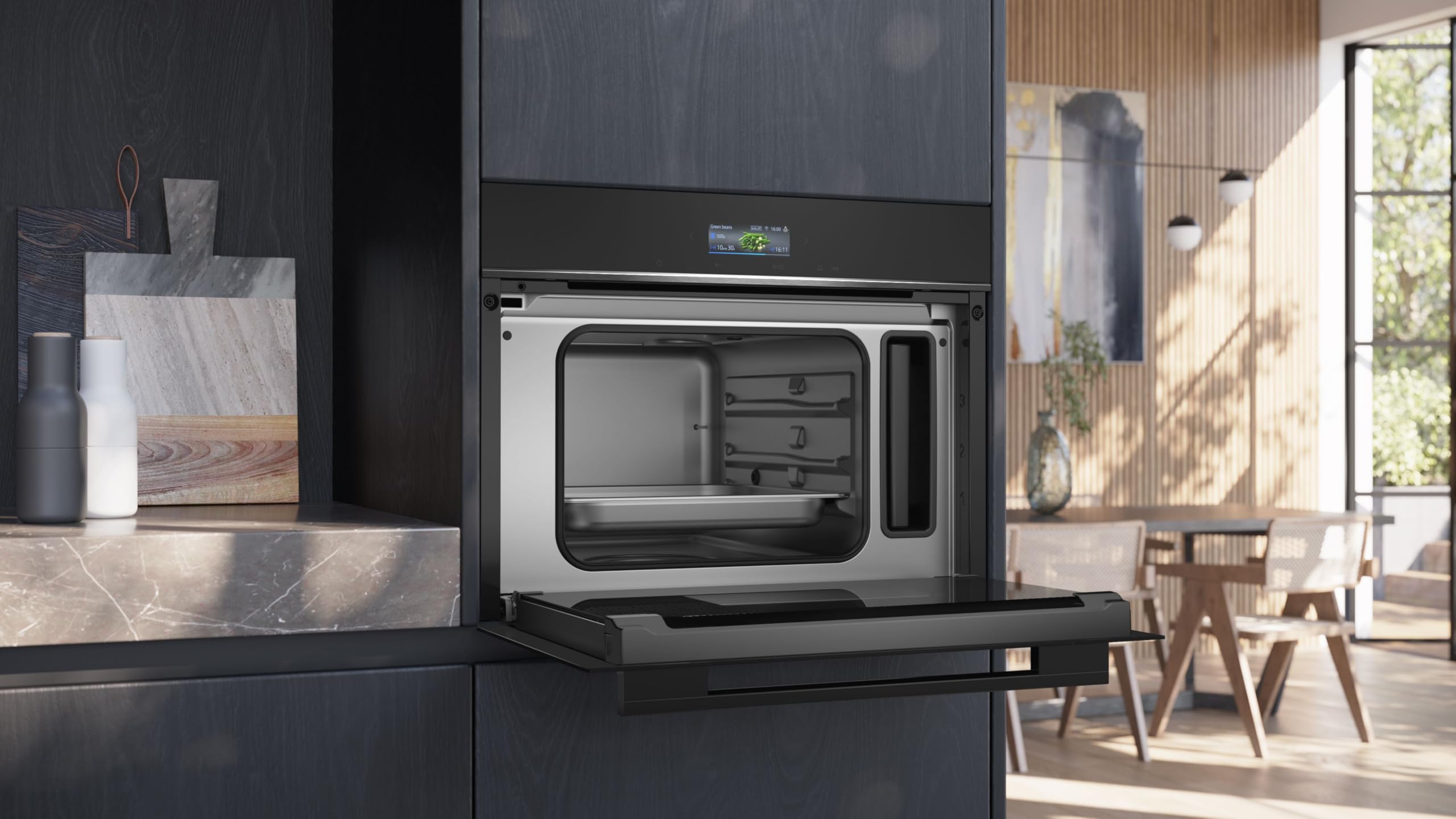 Siemens CD714GXB1, Smarter iQ700 Einbau-Dampfgarer, 60 x 45 cm, 1,3 L Wassertank, Regenerieren mit Dampf, Farb-Display, cookControl Automatikprogramme für beste Ergebnisse, Home Connect, Schwarz