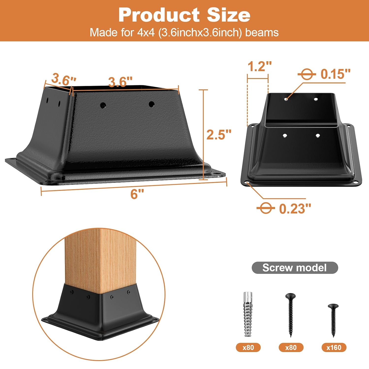 FMhotu 4x4 Post Base 20Pcs, Internal 3.6"x3.6" Heavy Duty Powder-Coated Steel Post Bracket Fit for Standard Wood Post Anchor, Decking Post Base for Deck Porch Handrail Railing Support with Screws