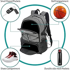 WOLT | Basketball Backpack Large Sports Bag with Separate Ball Holder & Shoes Compartment, Gifts for Basketball, Soccer, Volleyball, Swim, Gym, Travel(Grey)