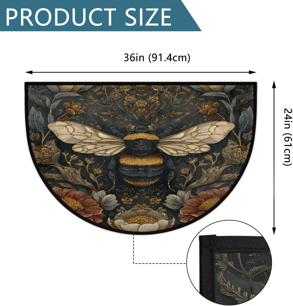 cfpolar Half Round Door Mat Vintage Bee Flower Non-Slip Semi Circle Area Rug Washable Semi Circle Floor Rug for Indoor Outdoor Living Room Bathroom Kitchen Patio Hearth Rugs Home Decoration