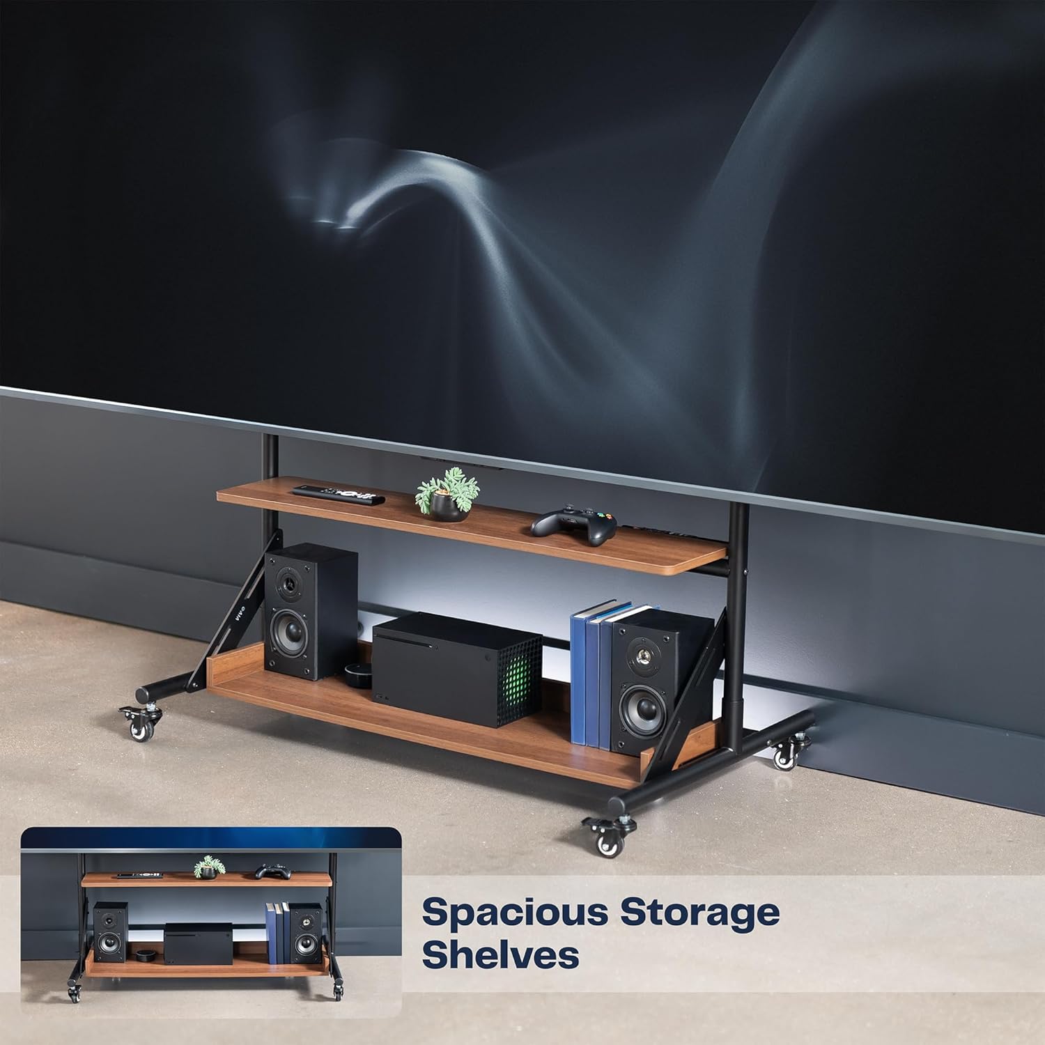 VIVO Heavy Duty TV Cart for 55 to 100 inch Screens up to 176 lbs, LCD LED OLED 4K Smart Flat and Curved Panels, Max 800x600 VESA, Dark Wood Shelves, Black Frame, STAND-TV100D